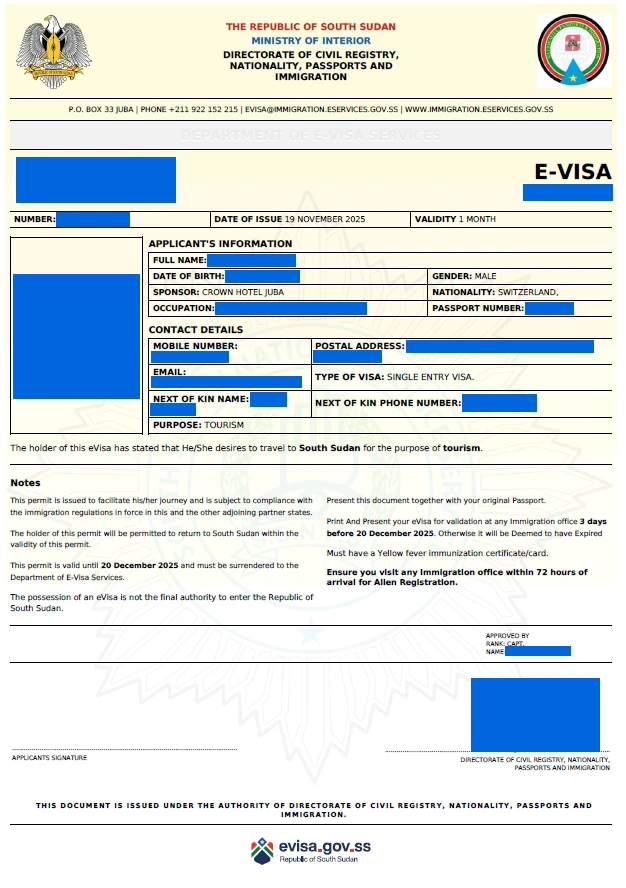 Sample South Sudan e-Visa
